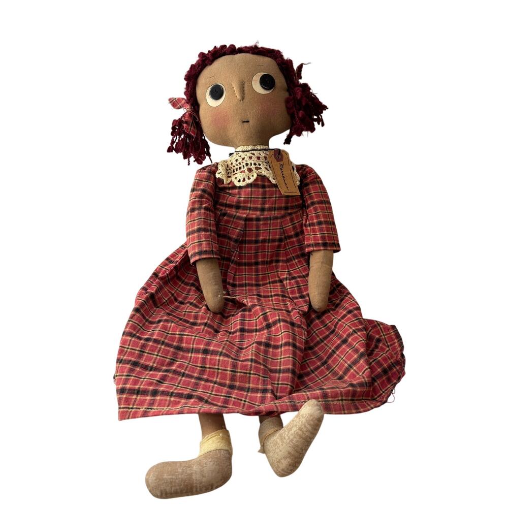 Primitive Marianne Americana Shelf Sitter Red Hair Cloth Doll Folk Art 26"